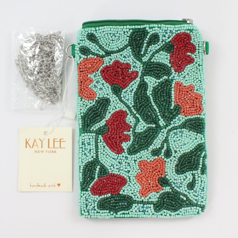 Kay Lee New York Green/Blue Floral Beaded Cell Phone/Crossbody NWT Made ❤️ India